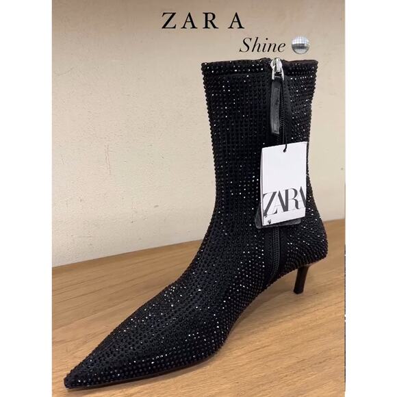 ZARA Black Pointed Toe Rhinestone Ankle Boots NWT – Size 6.5 & 8 - Picture 6 of 16